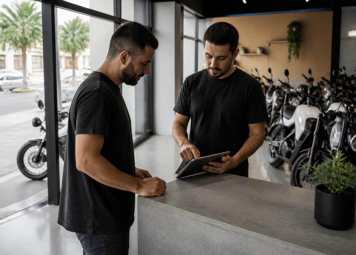 Vendedor e cliente montando uma proposta de financiamento em um tablet no balcão de uma loja de motos elétricas